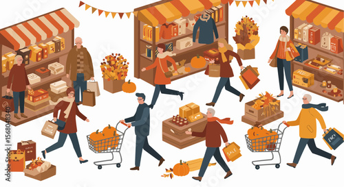 Autumn Market Scene: Shoppers navigating vibrant market stalls during autumn, purchasing seasonal products.