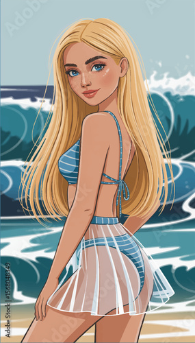 Cartoon blonde girl in a swimsuit against the background of ocean waves. Vector graphics. EPS.