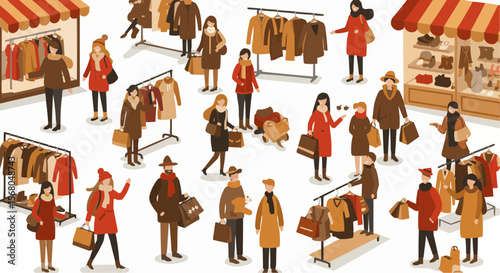 Customers browse the market stalls in search of winter fashion.