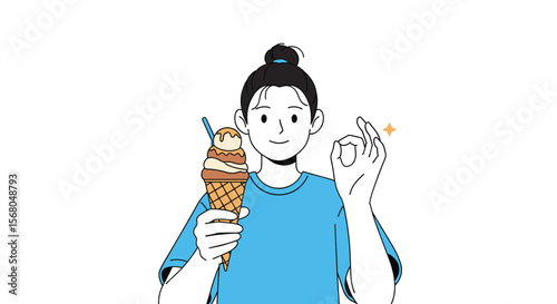 Young Person Enjoys Delicious Ice Cream Cone with a Joyful Expression and Okay Gesture