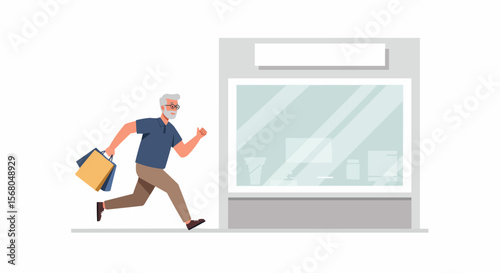 Elderly man shopping excitedly with bags in hand.
