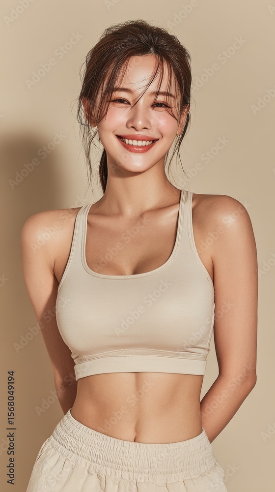 Obraz premium Positive and Approachable Female Portrait on Neutral Background