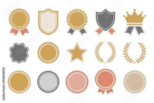 Gold medal, shield, and laurel wreath icons, award and achievement vector, honor symbol, classic badge illustration, elegant design