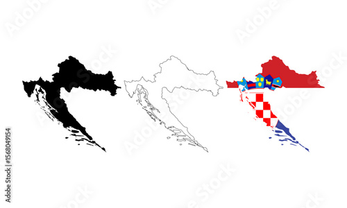 Croatia map in outline style, black color, color of country flag version.