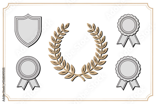 Gold laurel wreath and silver badge icons, award and achievement set, honor symbol, vector illustration, classic decorative design