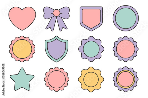 Pastel badge and award icon collection, heart, star, shield, bow, rosette, vector illustration, achievement and reward design