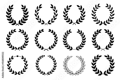 Classic black laurel wreath icon set, victory and honor symbol, award vector, achievement illustration, elegant decorative design