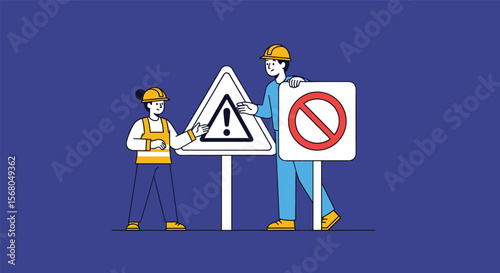 Construction Workers Displaying Warning and Prohibition Signs for Site Safety