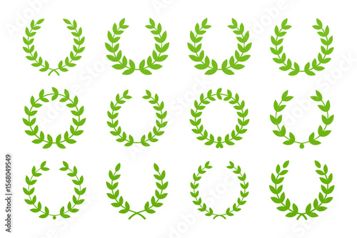 Light gray laurel wreath icon set, minimalist victory symbol, award and achievement vector, decorative illustration, modern style