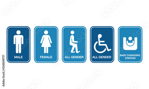 Restroom Icons Male, Female, All Gender, Baby Changing Station Sign on White