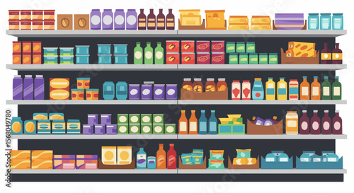 Grocery Store Shelf With Various Food Products Neatly Arranged.