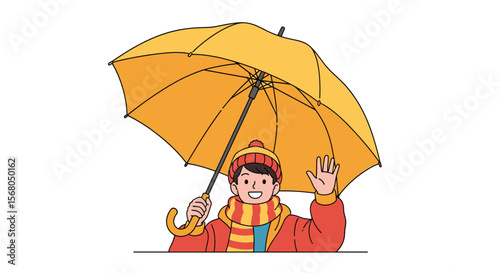 A person holding a yellow umbrella and wearing warm clothing waving hello