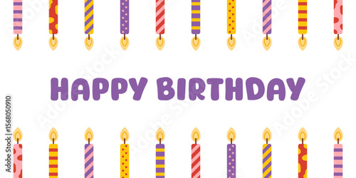 Vector flat illustration with happy birthday text and burning candles. Cute cartoon banner or greeting card for festive celebration and decoration.