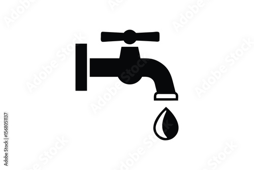 A simple black silhouette icon of a water faucet with a single drop of water falling from its spout against a clean white background representing water flow and conservation