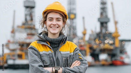 Confident Female Engineer at Offshore Oil Rig