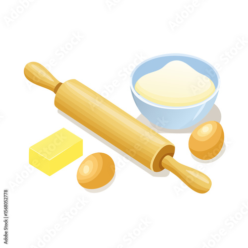 Baking Ingredients Illustration: Rolling Pin, Butter, Flour, and Eggs