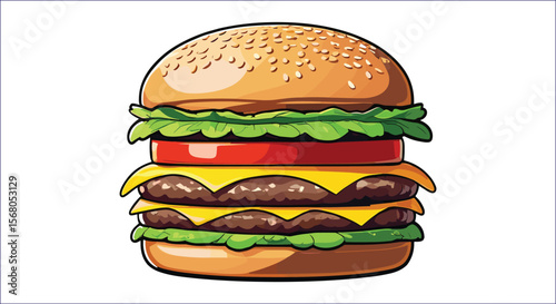 Cartoon Double Cheeseburger With Lettuce And Tomato On A White Background