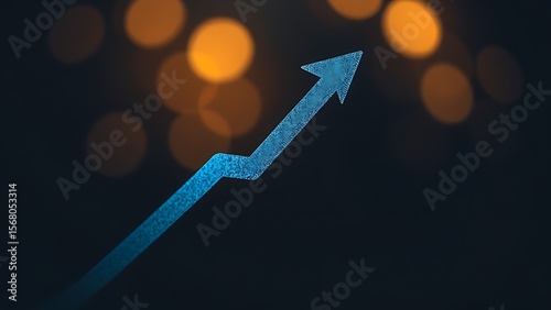 Abstract business concept with ascending light arrows in blue and gold, set against a dark gradient background.