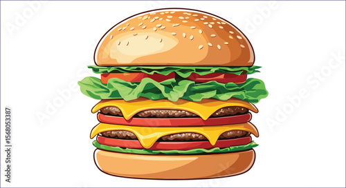 Delicious Double Cheeseburger Vector Illustration With Lettuce And Tomato Layers