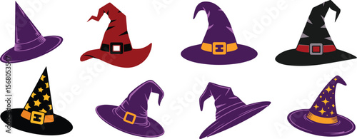 Colorful witch hats are isolated on white background