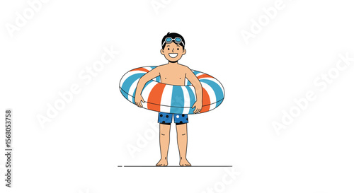 Man With Swim Ring Enjoying Summer Vacation Activities Outdoors Having Fun
