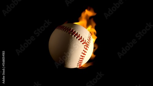 A flaming baseball suspended in darkness, creating a striking visual contrast.