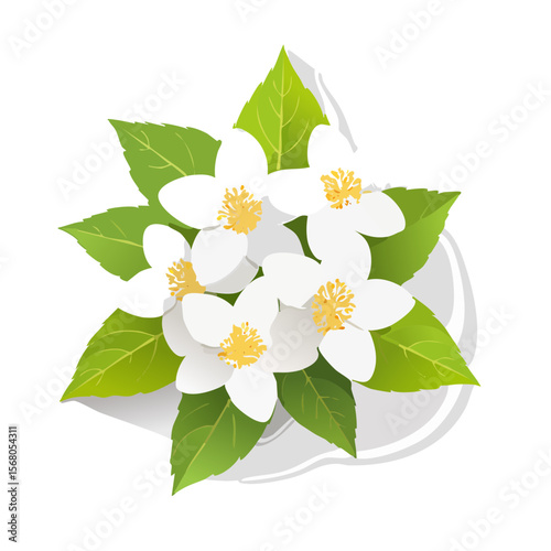 Jasmine Flowers with Green Leaves on a Plate Still Life