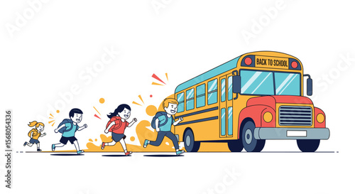 Children hurrying to catch the bright yellow school bus on a sunny day with excitement