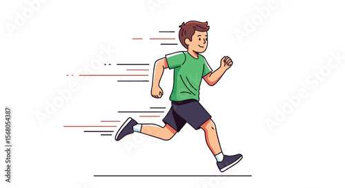 A young boy in a green t-shirt and dark shorts runs quickly with motion lines indicating speed