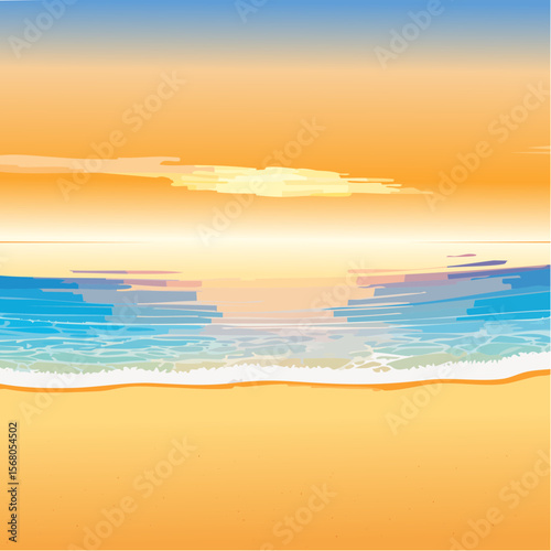 Sunrise Beach Landscape Illustration with Ocean Waves and Sandy Shore