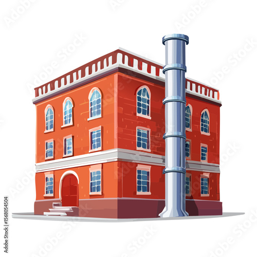 Cartoon Illustration of an Industrial Building with a Chimney