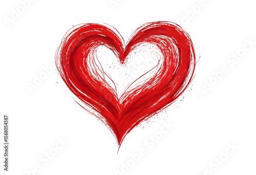 Hand-drawn red heart painted with rough brush strokes. Artistic love symbol isolated on transparent background