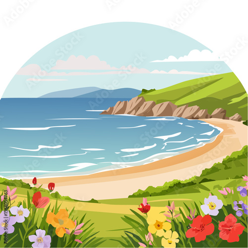 Scenic Coastal Landscape with Flowers and Sandy Beach