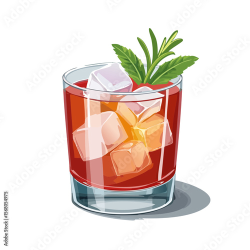 Illustration of a Negroni cocktail with ice cubes and garnished with rosemary.