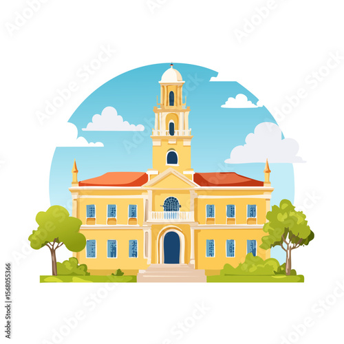 Cartoon vector image of a yellow building with a tower and red roof under a blue sky