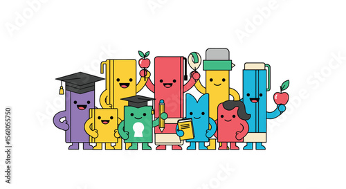 Diverse characters representing education and learning in a playful style
