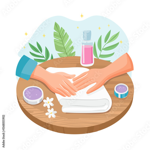 Relaxing Manicure Illustration with Towel, Cream, and Oil