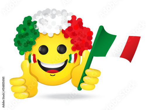 Italian fan, emoji in Italian flag colors hat. Vector emoticon smiles holding thumb up, waving a flag. Yellow emoticon for internet chats, sports bars. Isolated icon for mobile apps, social media