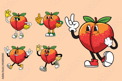 Cartoon funny Peach Fruit characters with expressive faces and poses in retro vintage comic style	