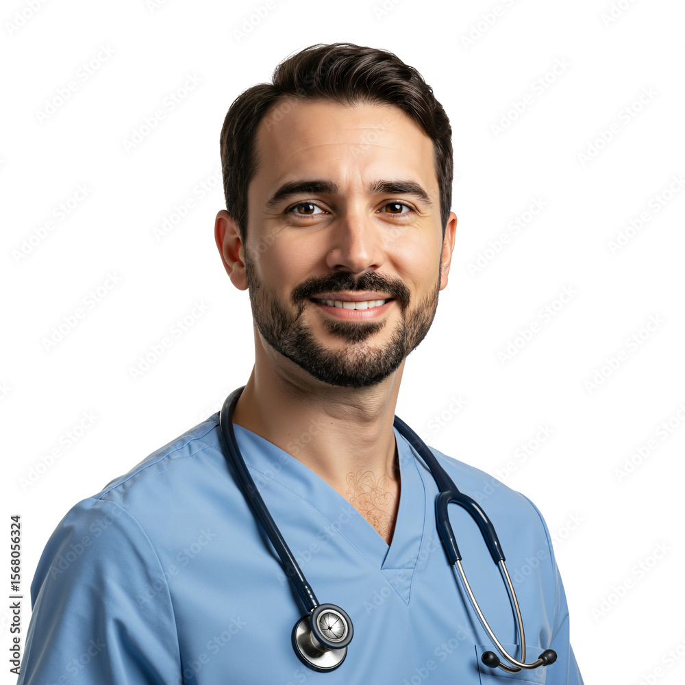 Portrait of a Smiling Male Doctor in Scrubs with a Stethoscope Against a Black Background, Representing Healthcare Professionals in Modern Medicine Portrait of a Smiling Male Doctor in Scrubs with a Stethoscope Against a Black Background, Representing Healthcare Professionals in Modern Medicine
