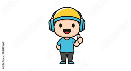 Cute Cartoon Boy with Headphones Giving Thumbs Up and Smiling Energetically