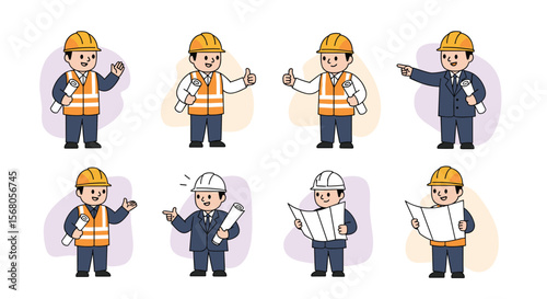 Construction Worker Characters Engaging in Various Professional Activities with Blueprints and Tools