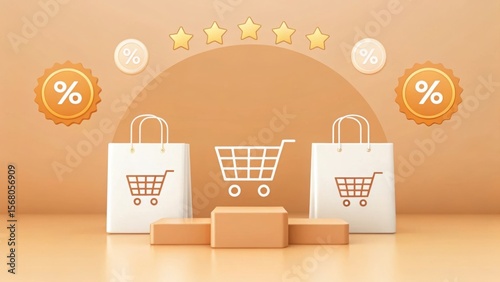 White shopping bags with cart icons and star ratings stars