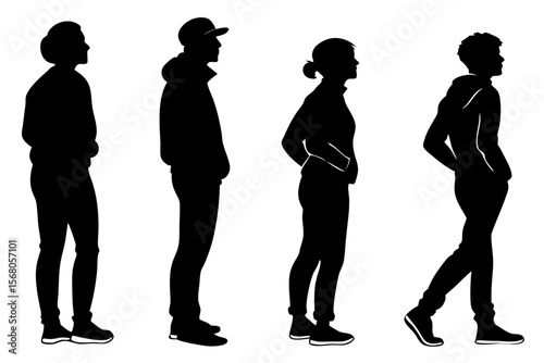 Black and white vector silhouette illustration of six people standing together in various poses, ideal for presentations, posters, and social-themed designs.