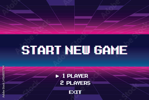 START NEW GAME. pixel art .8 bit game. retro game. for game assets in vector illustrations. Retro Futurism Sci-Fi Background. glowing neon grid. and stars from vintage arcade comp.