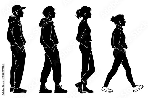 Black and white vector silhouette illustration of six people standing together in various poses, ideal for presentations, posters, and social-themed designs.