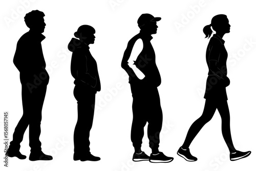 Black and white vector silhouette illustration of six people standing together in various poses, ideal for presentations, posters, and social-themed designs.
