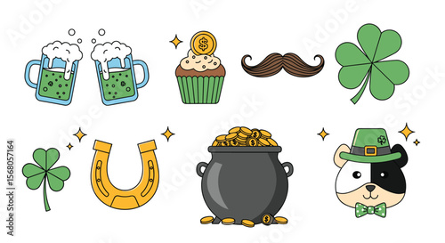 Irish Celebration Icons Featuring Clover Beer Cupcake Horseshoe Pot of Gold and Festive Guinea Pig