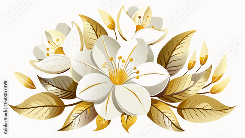Elegant white flowers with golden leaves and petals in a luxurious floral arrangement