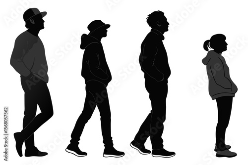 Black and white vector silhouette illustration of six people standing together in various poses, ideal for presentations, posters, and social-themed designs.